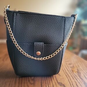 Bucket Style Pebble Leather Black Small Gold Chain Strap Bag Purse